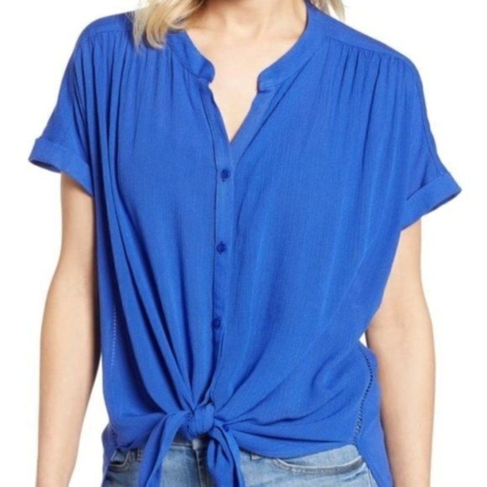CASLON Relaxed Button Front Blue Top